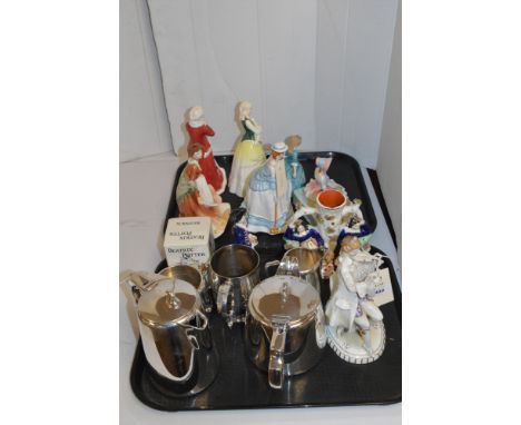 Figurines to include Royal Doulton Four seasons; Daydreams; and a Child from Williamsburg; together with Hotel ware silver pl