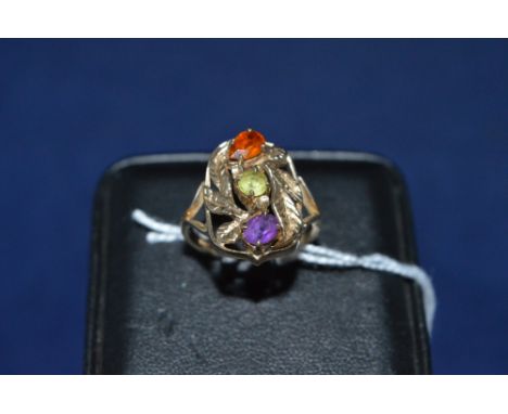 Gem stone ring, set with citrine, peridot and amethyst, in 9ct leaf mount and shank, ring size N.