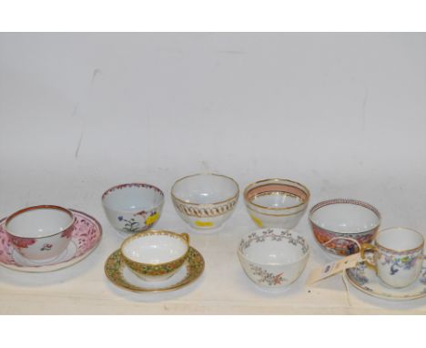 A Newhall window pattern tea bowl; three other 18th Century English tea bowls; two Limoges cups and saucers; and a lustre sau