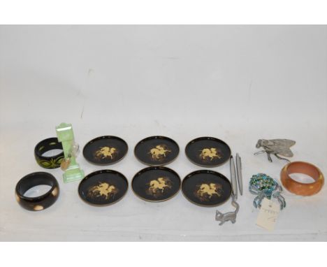 A box of art deco plastic items, to include: bangles; timer; box; and other items; together with a costume brooch in the shap