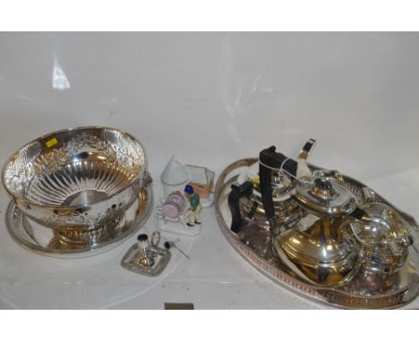 Silver plate, to include: punch bowl; dish; chamber stick; silver on copper tray; and a four piece tea and coffee set; togeth