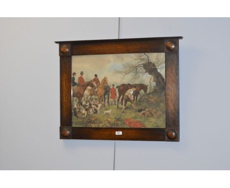 A coloured print depicting a hunting scene after Alfred Strutt in stained oak frame, 68cm wide.