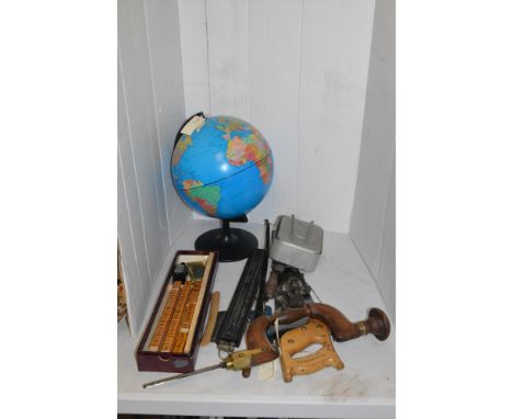 Vintage hand tools to include a brace by Moulson Brothers, Sheffield; a desktop globe; and a set of wooden printer's blocks.