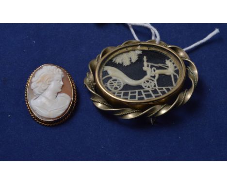 A cameo brooch in frame stamped '9ct'; and a late Victorian pinchbeck brooch with carved bone interior depicting a horse and 