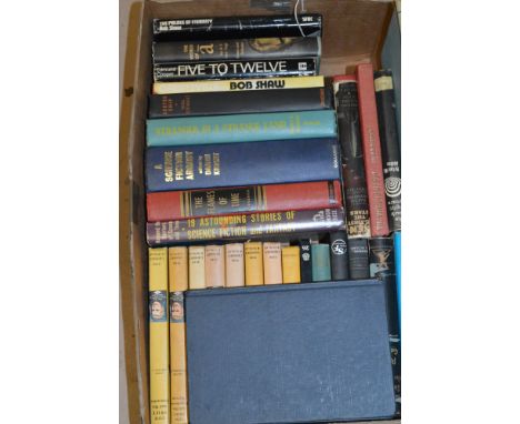 A box of science fiction books, titles to include: Tom Swift novels in eight volumes; Invaders from the Infinite; Way Station