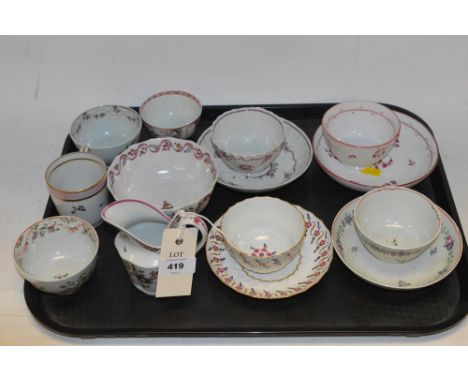 A selection of 18th Century porcelain, to include a Lowestoft tea bowl; Newhall milk jug; tea bowls; saucers; and others.