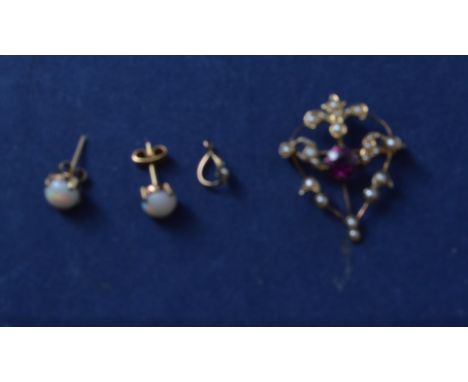 A 9ct Art Nouveau seed pearl and amethyst pendant; and a pair of opal earrings, the stays marked '9ct'.