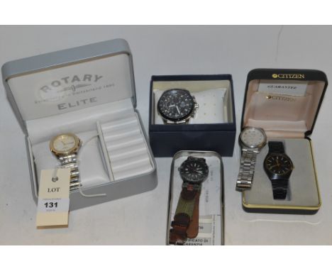 Assorted watches, to include: Casio Ediface tachymeter on metal strap; Rotary Elite; two Citizens; and a Swiss Pointer.