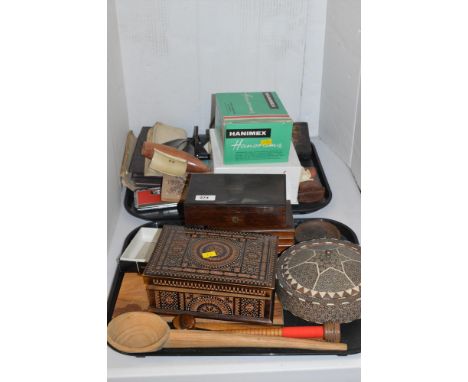 Four wooden jewellery boxes; further treen ware; Parker paperweight desk set; vintage pencil sharpener; retro slide viewer; a