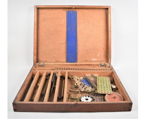 A Vintage Wooden Box Containing Various Meccano Parts, Box 46cm Wide 