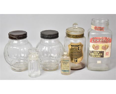 A Collection of Various Vintage Jars to comprise Pair of Globular Examples with Bakelite Lids, Lovells Milk Chocolate Eclairs