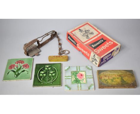 A Vintage Gin Trap, Decorated Tiles, Vintage Tins etc 