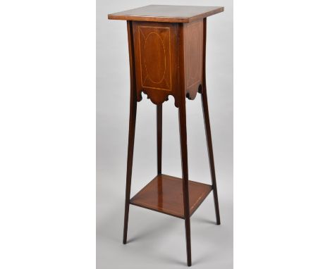 An Inlaid Edwardian Mahogany Plant Stand with Square Top and Stretcher Shelf, 91cms High 