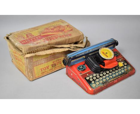 A Vintage Mettype Junior Toy Tinplate Typewriter with Original Cardboard Box (Box Has Been Water Damaged) 