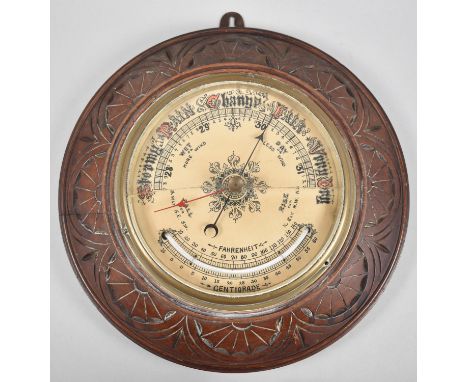 A Late Victorian/Edwardian Style Mahogany Circular Wall Hanging Aneroid Barometer, Cracked Glass, 28.5cm Diameter 