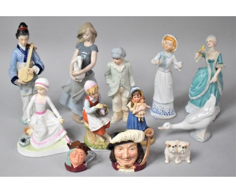 A Collection of Various Figural Ornaments, Nao, Royal Doulton Character Jug, Beswick Bulldog (Chip to Ear) Royal Doulton Nurs