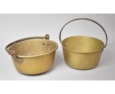 Two Large Vintage Brass Jam Kettles with Iron Loop Handles, 29cm Diameter 