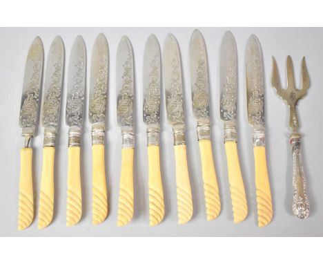 A Collection of Various Silver Mounted Etched Bladed Fruit Knives (Condition Issues) Together with a Silver Mounted Bread For