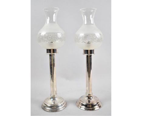 A Pair of Vintage Silver Plated Candlesticks with Etched Glass Shades, Overall Height 43cm 