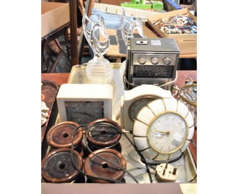 Four Salt Glazed Furniture Stands, Three Vintage Clocks, Vintage Radio and Pair of Glass Figural Ornaments 