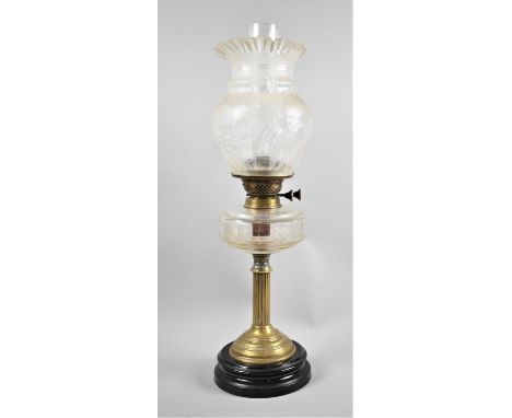 A Late 19th Century Brass and Glass Oil Lamp with Duplex Controls and Moulded Shade, 50cms High, Reeded Column has Been Repai