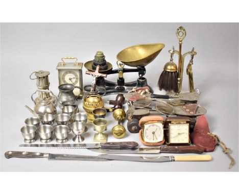 A Collection of Various Metalwares to comprise Egg Cups, Fire Companion, Scales, Travel Alarm Clocks, Vintage Rollerblades Et