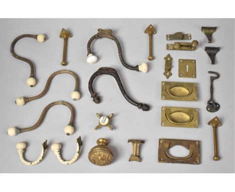 A Collection of Various Vintage Brass and Ceramic Coat Hooks, Door Knobs, Door Catches etc to Include Campaign Style Brass Ha