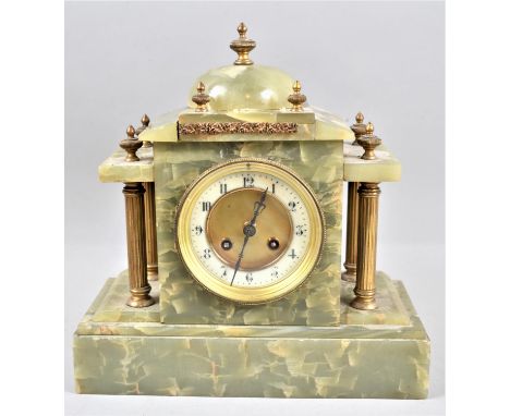 A Late 19th/Early 20th century French Green Onyx Mantel Clock of Architectural Form with Gilt Grass Reeded Columns and Finial