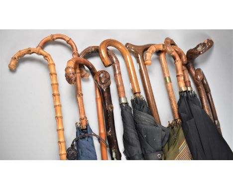A Collection of Various Vintage Walking Sticks and Umbrellas, 12 in Total