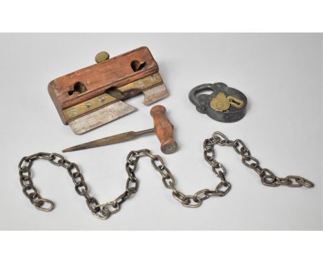 A Small Collection of Tools to Include File, Moulding Plane and Locked Vintage Padlock, Chain 