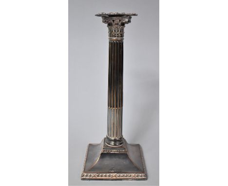 A Sheffield Plated Corinthian Column Candlestick on Square Base with Reeded Support, 30cms High 