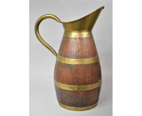 A Large Vintage Brass Banded Barrel Shaped Ewer of Coopered Form, 58cm High 