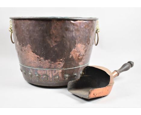 A Late Victorian/Edwardian Copper Coal Bucket with Brass Lion Mask and Ring Carrying Handles and a Vintage Copper Shovel, 40c