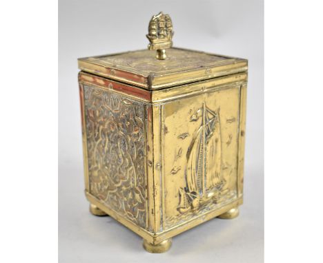 A Mid 20th Century Brass Tea Caddy, The Exterior with Islamic and Sailing Barge Decoration, 18cms High 