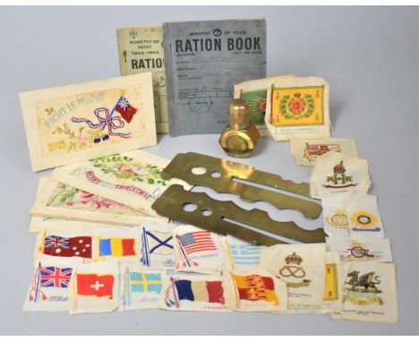 A Collection of WWI Silk Postcards, Ministry of Food Ration Books, Brass Button Cleaning Guards with Crows Foot Mark, Collect