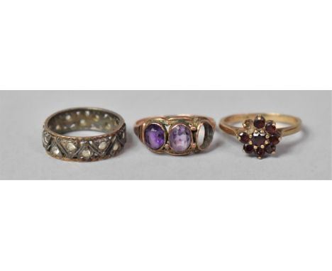 A Collection of Three Vintage Rings, Two 9ct Gold and One Gold and Silver, Each Mounted with Amethyst, Garnets and White Ston