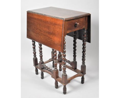 An Edwardian Mahogany Drop Leaf Occasional Table with Barley Twist Gate Leg Supports, Single End Drawer, 53cm Long 