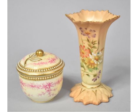 A Royal China Works of Worcester Blush Ivory Vase, 13cm high and a 19th Century Royal Worcester Lidded Pot, AF 