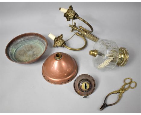 A Collection of Various Mealwares to comprise Brass Two Branch Light Fitting, Copper Posser Etc 