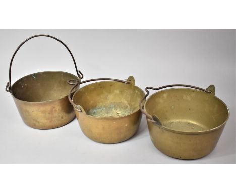 Three Vintage Brass Jam Kettles, 22cm Diameter 