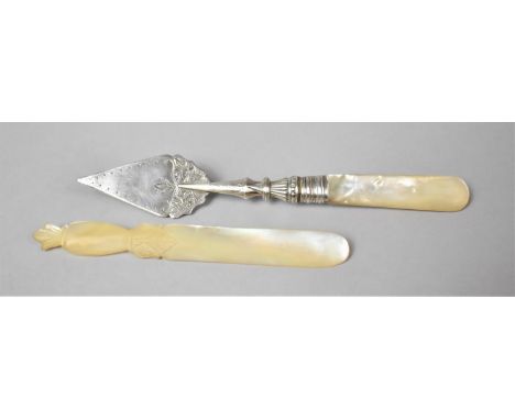 A Silver Bladed Letter Opener in the Form of a Trowel, London 1893 Together with a Mother of Pearl Example 