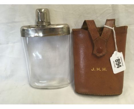 WHITE METAL GLASS BODIED HIP FLASK IN PIG SKIN LEATHER POUCH