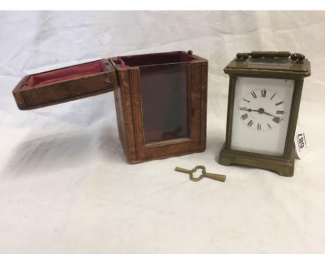 BRASS FRAMED CARRIAGE CLOCK WITH KEY &amp; CASE, CLOCK NOT WORKING