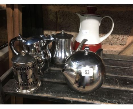 QTY OF STAINLESS STEEL WATER &amp; TEA POTS INCL; THERMOS JUG &amp; A TEA CADDY