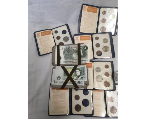 6 WALLETS OF BRITAIN'S FIRST DECIMAL COINS &amp; A BROWN CHANGEOVER WALLET WITH 3 VINTAGE £1 NOTES