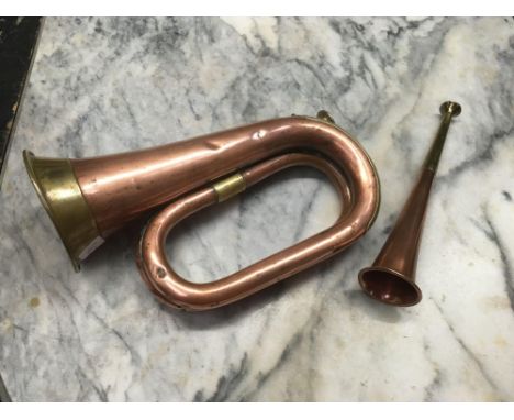 COPPER &amp; BRASS BUGLE MARKED 'PREMIER' BRITISH MADE 1940 WITH CROWS FOOT &amp; A COPPER &amp; BRASS HUNTING HORN