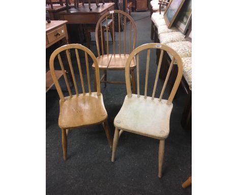 3 PINE STICK BACK ERCOL CHAIRS, 1 DAMAGED