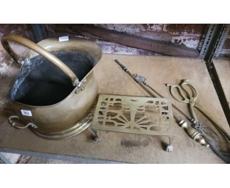 BRASS HELMET, COAL SCUTTLE, TRIVET, TOAST FORK &amp; FIRESIDE TOOLS