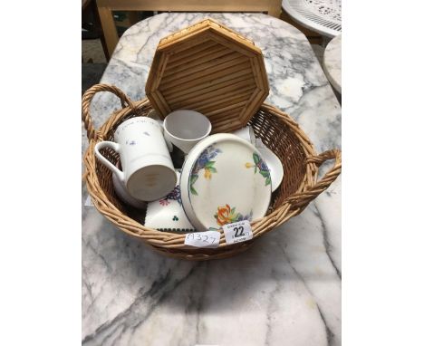 WICKER BASKET WITH ROYAL WORCESTER PIN TRAYS, DRESSING TABLE POTS &amp; A REED POT STAND