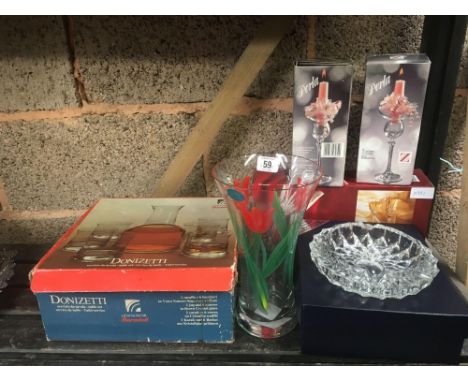 PART SHELF WITH ASHTRAY, VASES, CANDLESTICK HOLDERS, 6 BOXED GLASSES &amp; OTHER GLASSWARE